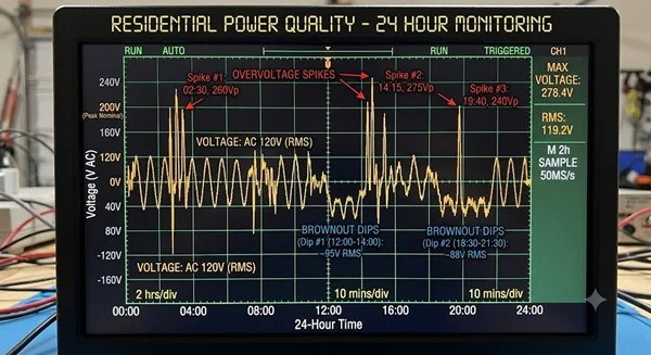 waveform showing multiple overvoltage spikes and brownout dips on a residential power line over a 24-hour period