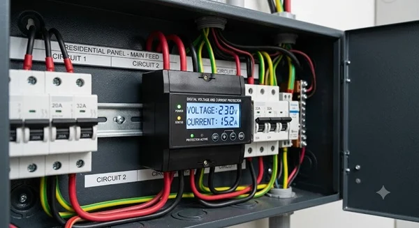 a digital voltage current protector installed in a residential electrical panel, displaying 230V and 15.2A on an LCD screen