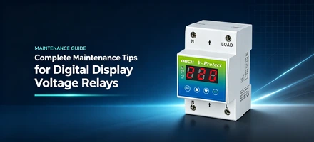 Complete maintenance tips for digital display voltage relays — white DIN rail digital display voltage relay with red LED readout on a navy blue industrial background