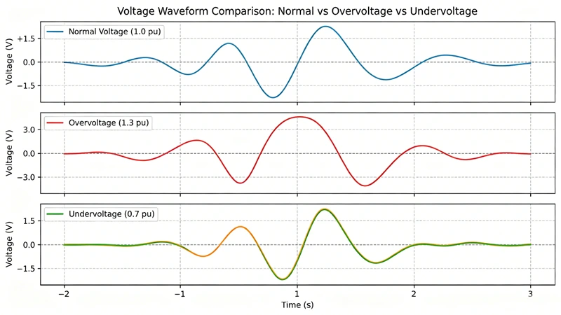 A comparison diagram showing voltage waveform under normal, overvoltage, and undervoltage conditions